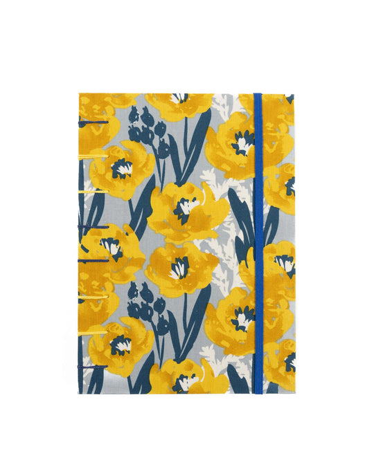 Cuaderno Cosido Copto Artesanal Azul con Flores amarillas vista posterior