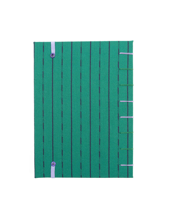 Cuaderno Cosido Copto Artesanal Verde con listas azules vista posterior