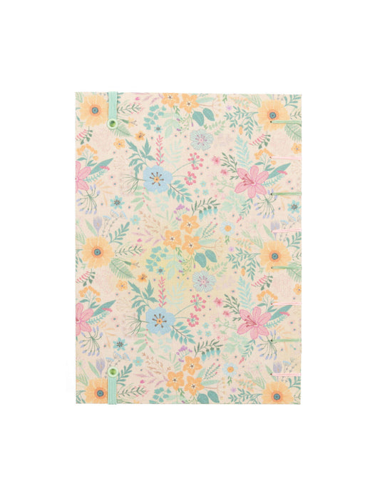 Cuaderno Cosido Copto Artesanal Florecitas sobre Fondo Amarillo vista posterior