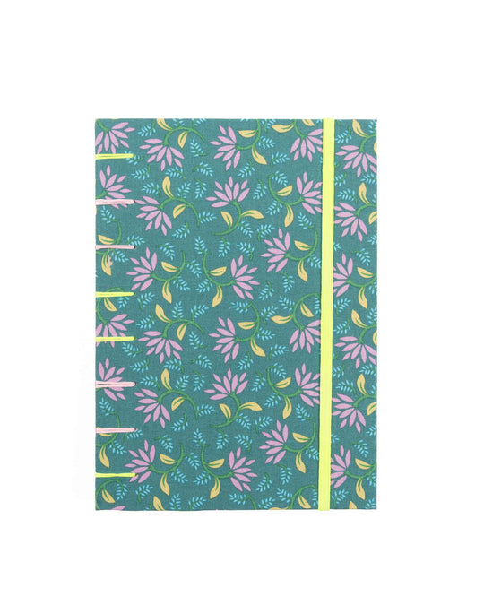 Cuaderno Cosido Copto Artesanal Florecitas sobre Fondo Turquesa cerrado