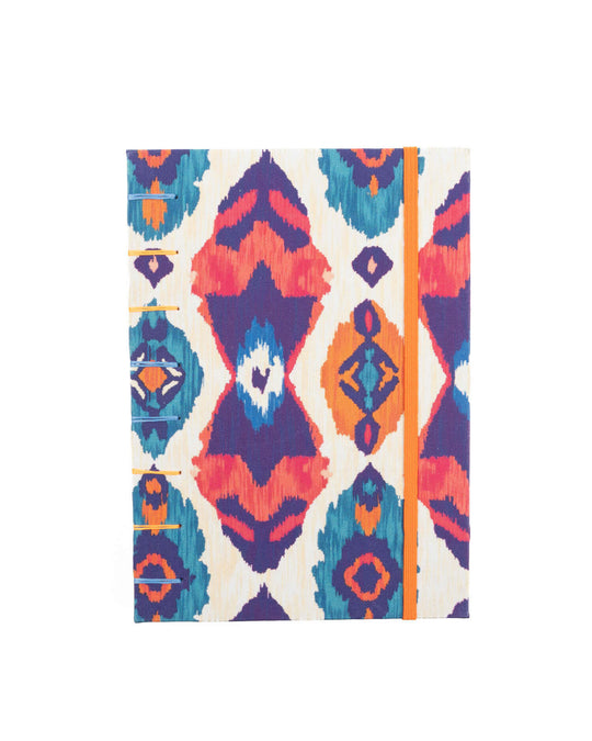 Cuaderno artesanal copto étnico naranja y rosa vista posterior