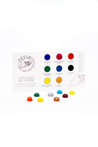 Dot card Esenciales de Atelier con muestras de las 8 acuarelas clásicas