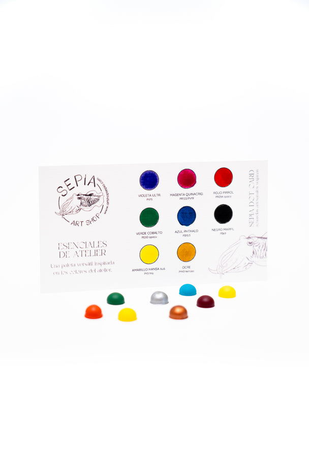 Dot card Esenciales de Atelier con muestras de las 8 acuarelas clásicas