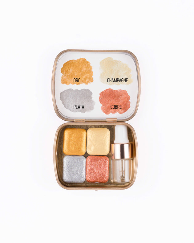 lata pequeña acuarelas metalizadas gold con gotero y muestrario