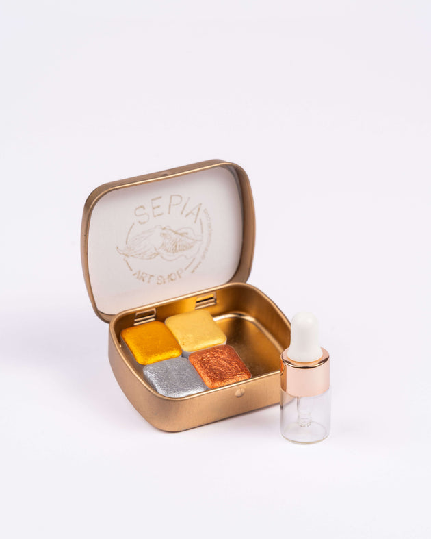 lata pequeña acuarelas metalizadas gold con gotero