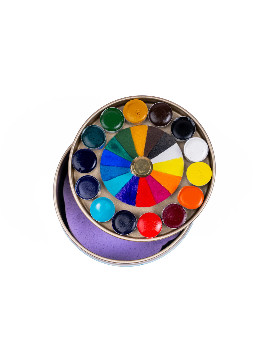 Lata redonda de acuarelas abierta con esponja