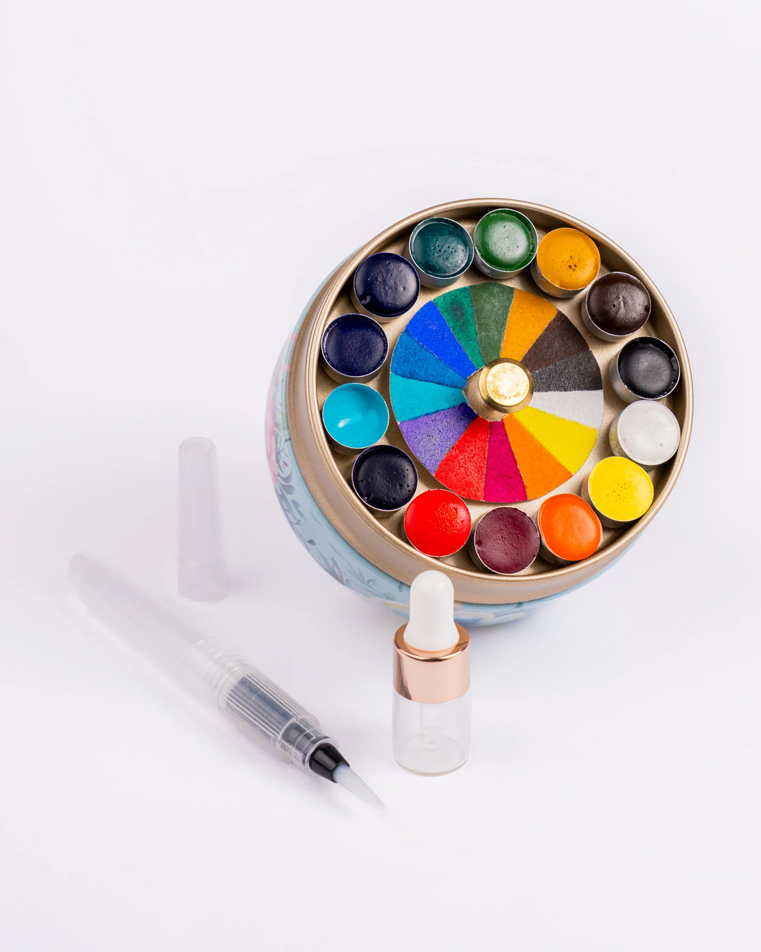 Lata redonda de acuarelas abierta