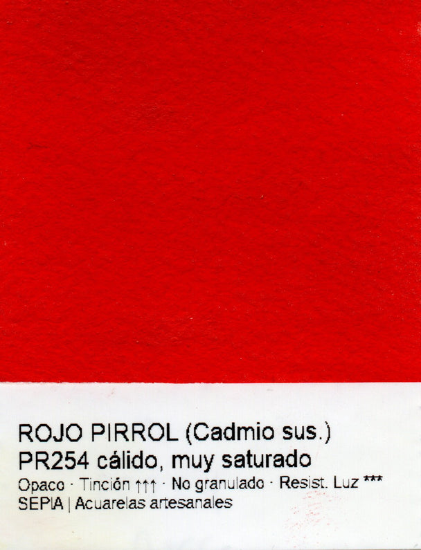 Muestra de color de la acuarela Rojo Pirrol PR254 con información del pigmento