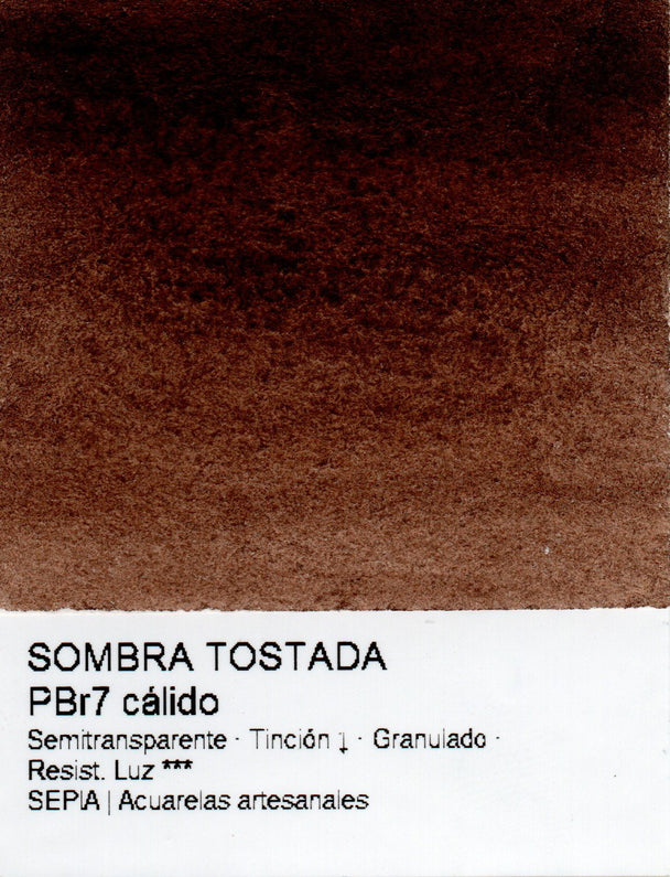 Muestra de color de la acuarela Sombra Tostada PBr7 con información del pigmento